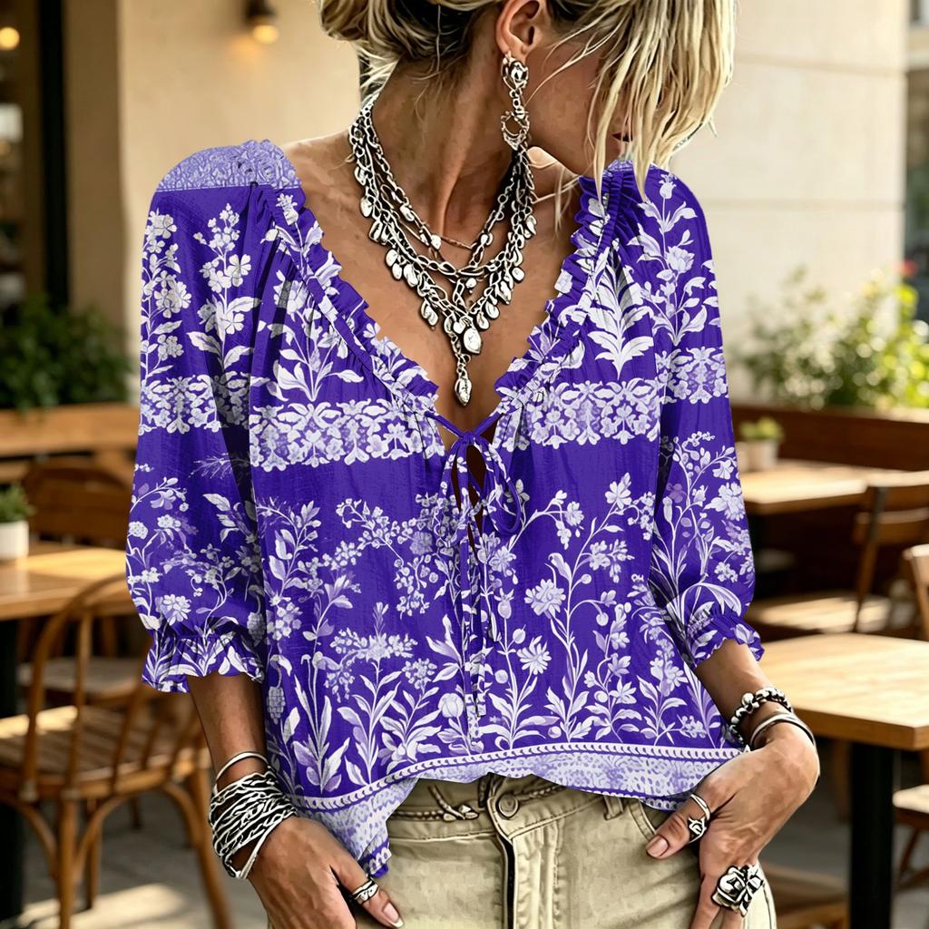 Women's Casual Printed V-Neck Ruffle Tie Blouse