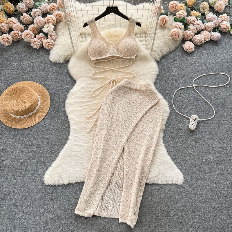 

INS Sexy Lace-up Waist-Controlled Split Skirt Vest Apricot All yards