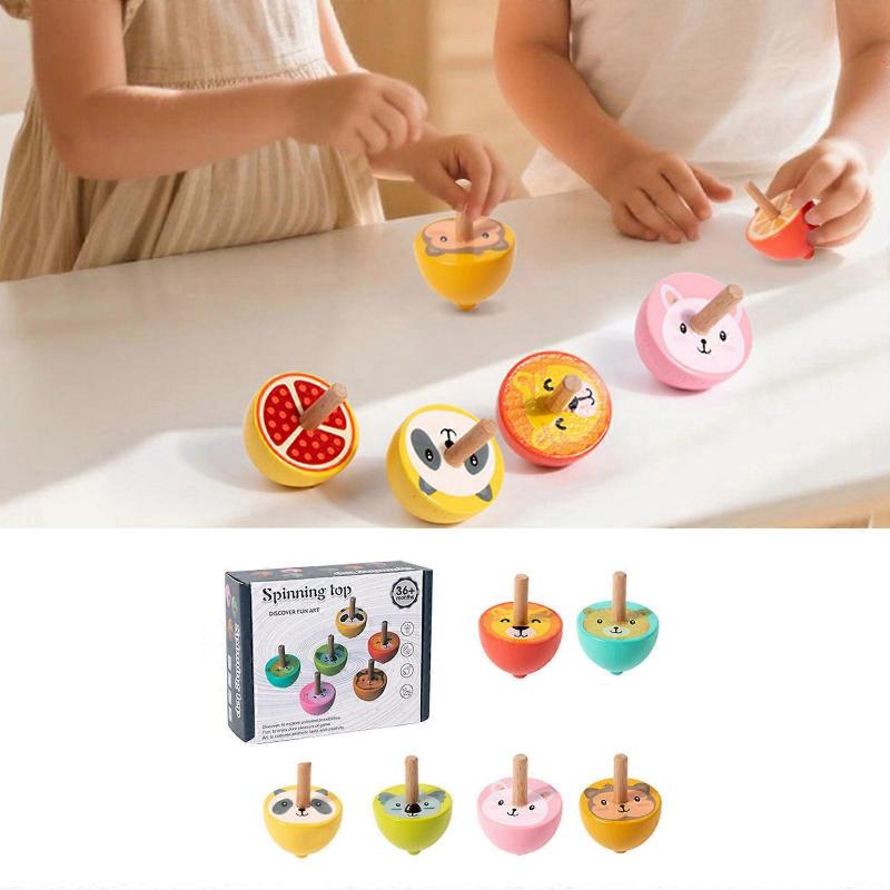 Klassisches hölzernes Kreiselspielzeug für Kinder Cartoon-Thema Interaktives Spielzeug Nostalgischer Kreisel Handübungsspielzeug 6 Stück Mehrfarbig