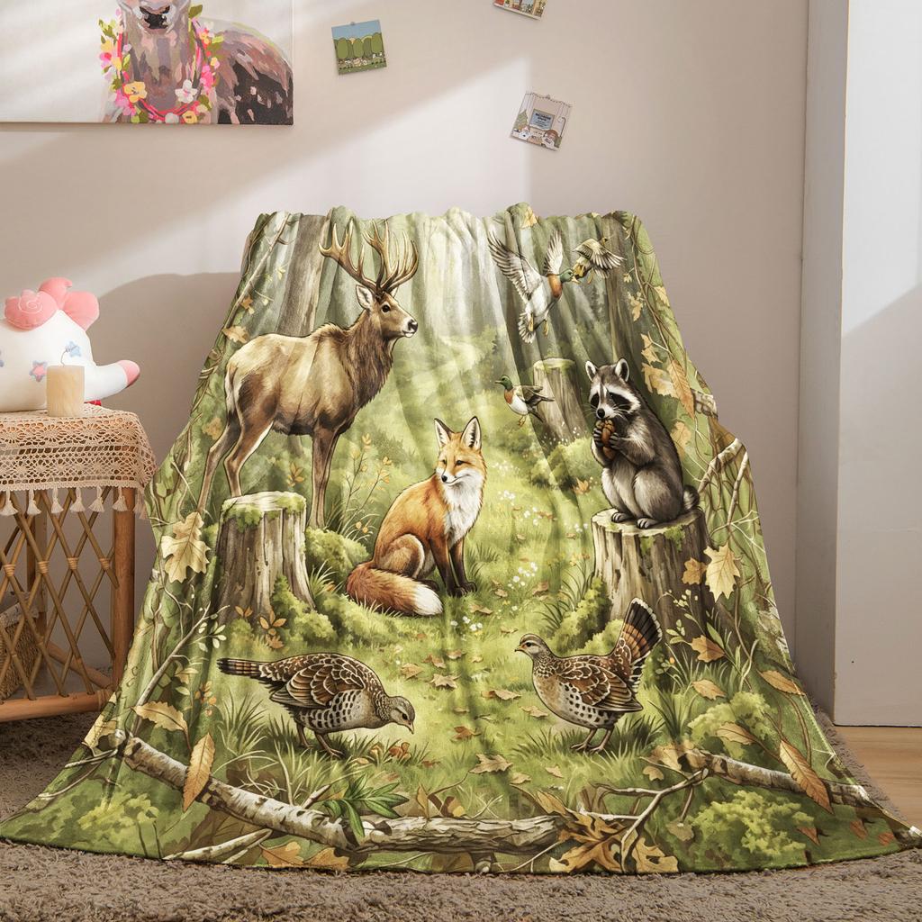 Green Forest Wildlife Blanket Elk Red Fox Raccoon Duck Woodland Flannel Throw Blanket Outdoor Nature Decor Perfect Gift Blanket