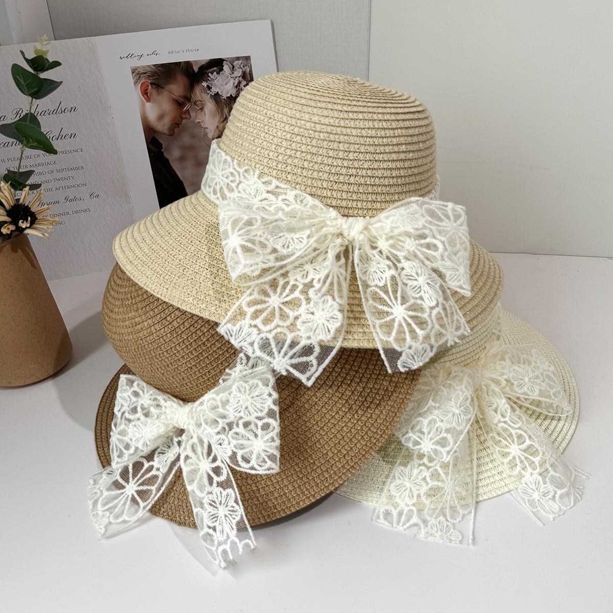 

Summer small fresh straw hat fashion sun hat bow strap beach bucket hat travel sun hat M（56-58cm） бежевий