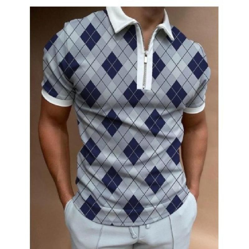 Summer Men's Casual Striped Houndstooth Digital Print T-Shirt Zipper Polo Shirt