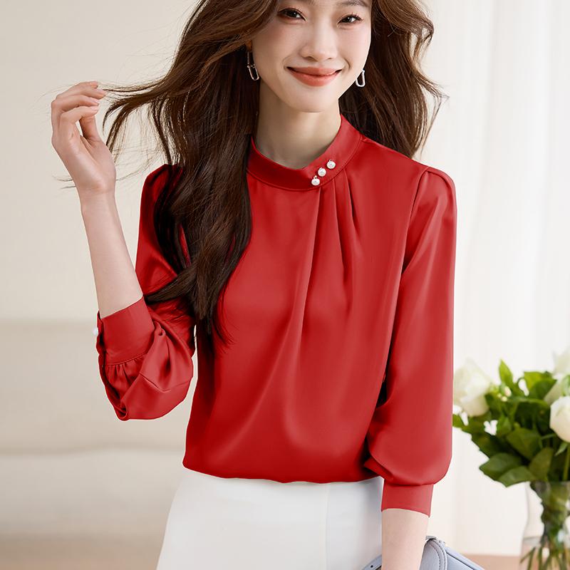 Damen Blusen Hemden 2025 Frühling Langarm Damen Bluse Hemd Rundhals Weiß Schwarz Chiffon Bluse Hemd Damen Oberteile J834