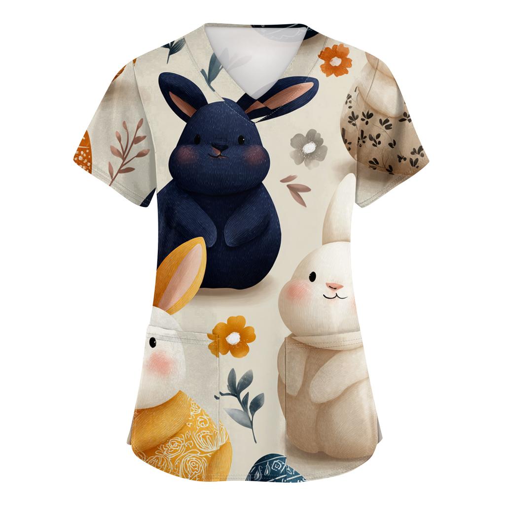 Women's Fashion V-Neck Short-Sleeved Workwear With Pockets Easter Print Top Caregiver Uniform
