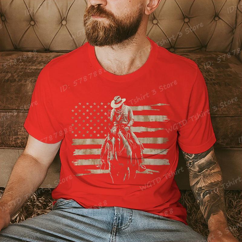 Cowboy with American Flag Pattern Print T Shirt Tees for Men Casual Short Sleeve TShirt for Summer Vintage Graphic Tshirts