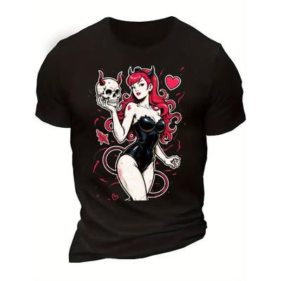 Europäische Größe Anime Teufelsmädchen mit Totenkopf Grafikdruck Polyester T-Shirt - Schwarz Kurzarm Rundhals Lässiges Streetwear Shirt, Atmungsaktives Shirt