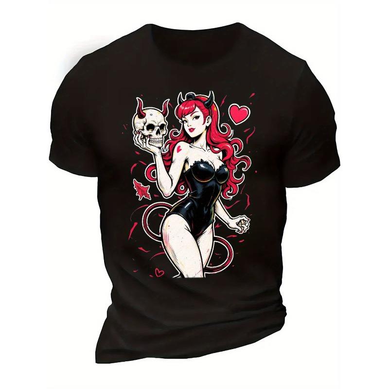 

European Size Anime Devil Girl with Skull Graphic Print Polyester T-Shirt - Black Short Sleeve Round Neck Casual Streetwear Tee, Breathable Shirt 4XL чорний