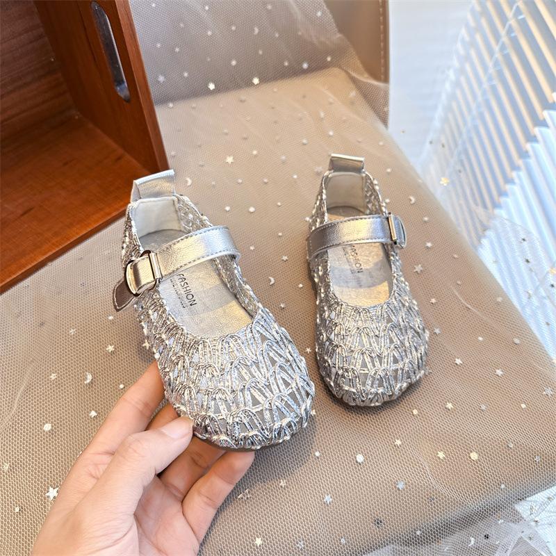 

New Style Children s Leather Shoes - Open-weave Half-slip-on Shoes for Girls 23 серебряный