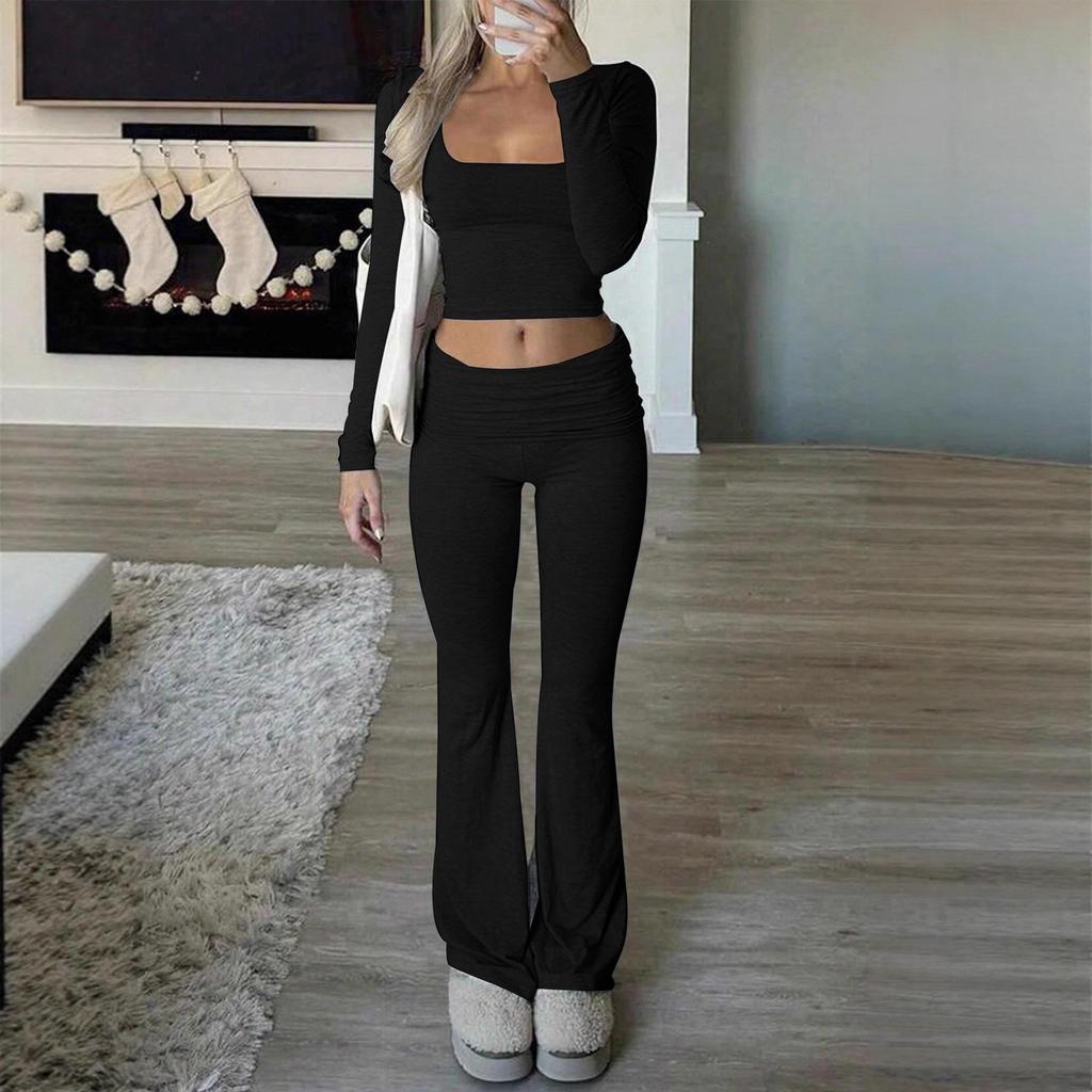 European and American Women's Casual Sports Slim Knit Square Neck Long Sleeve Two-Piece Set