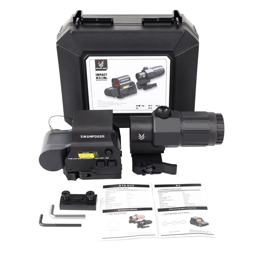 SWAMP DEER OPTICS Magnifier & Dot Sight Set for G33 & EXPS3 Type Holographic Sight, 3x Booster Scope Set, Black