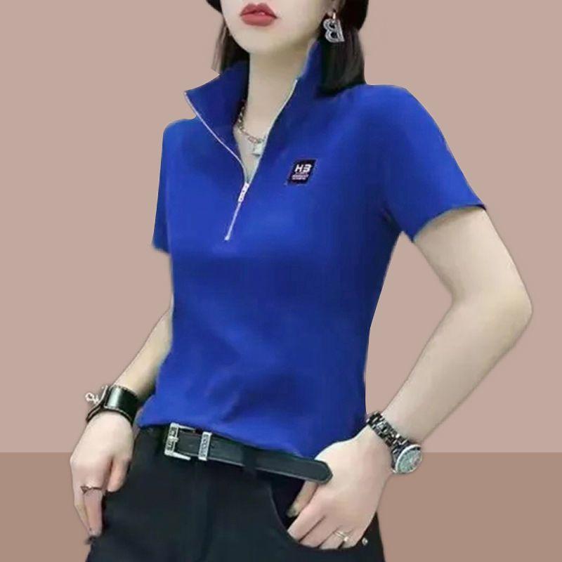 

Женский свободный крой больших размеров с короткими рукавами и полумолнией в корейском стиле, повседневный летний топ 4XL синий