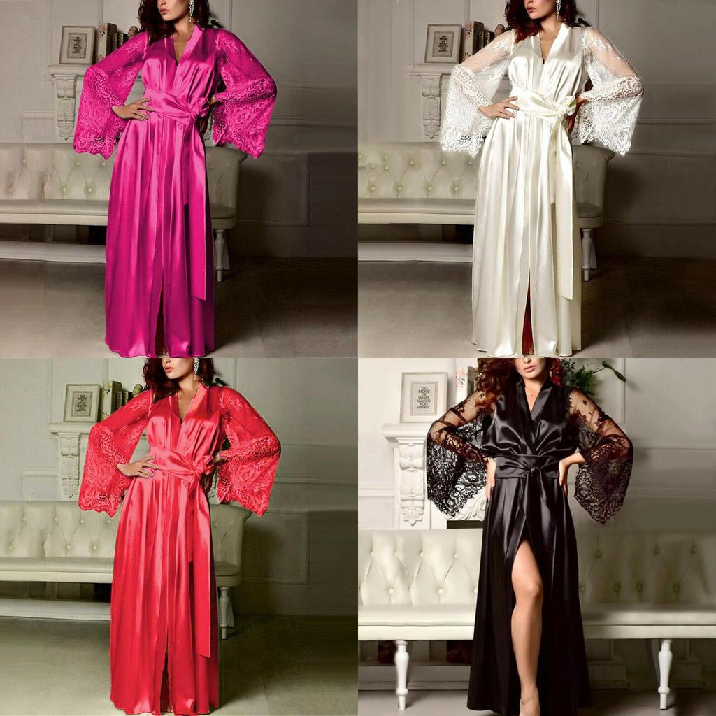 Elegante Camicia da Notte da Donna in Raso di Seta con Pizzo Lingerie Kimono Abbigliamento da Notte Lunga Vestaglia