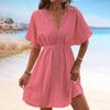 Women's Cover-Ups - Solid Color V Neck Lace Short Sleeve Tunic Beach Cover Up Dress Women Summer Beachwear Female