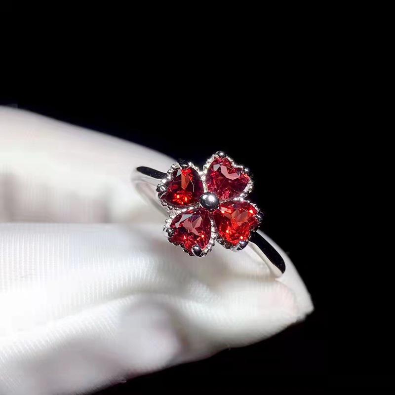 Natural Four-Leaf Clover Garnet S925 Silver Open Ring - Simple Wine Red Fashion Ring Adjustable