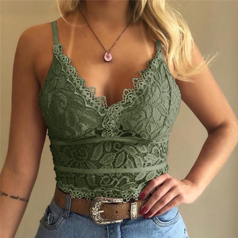 Women Fashion Deep V Neck Floral Lace Bra Sexy Spaghetti Straps Underwear Summer Slim Push Up Crop Top Hollow Out Sleeveless Bra Vest S-2XL