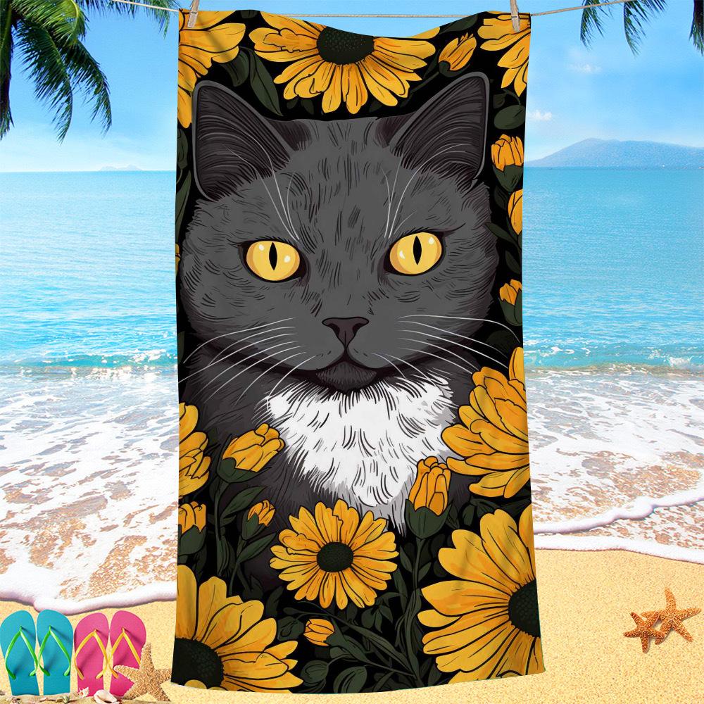 Cat Print Pattern Digital-printed Polyester Superfine Fiber Double-sided Fleece Beach Vacation Bath Towel, Beach Towel