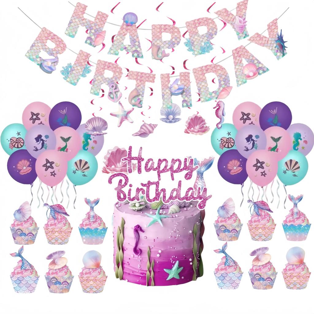 Mermaid Birthday Party Decoration Tableware Set Gradient Mermaid Plates Cups Napkins Balloons For Kids Girls Party Favors Gifts