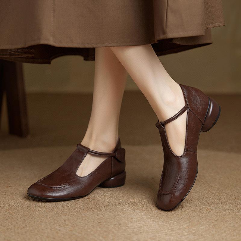 

Туфли Мэри Джейн с круглым носком, женские, ретро, с Т-образной пряжкой, простые, темпераментные, на низком каблуке, кожаные туфли, балетки 41 коричневый