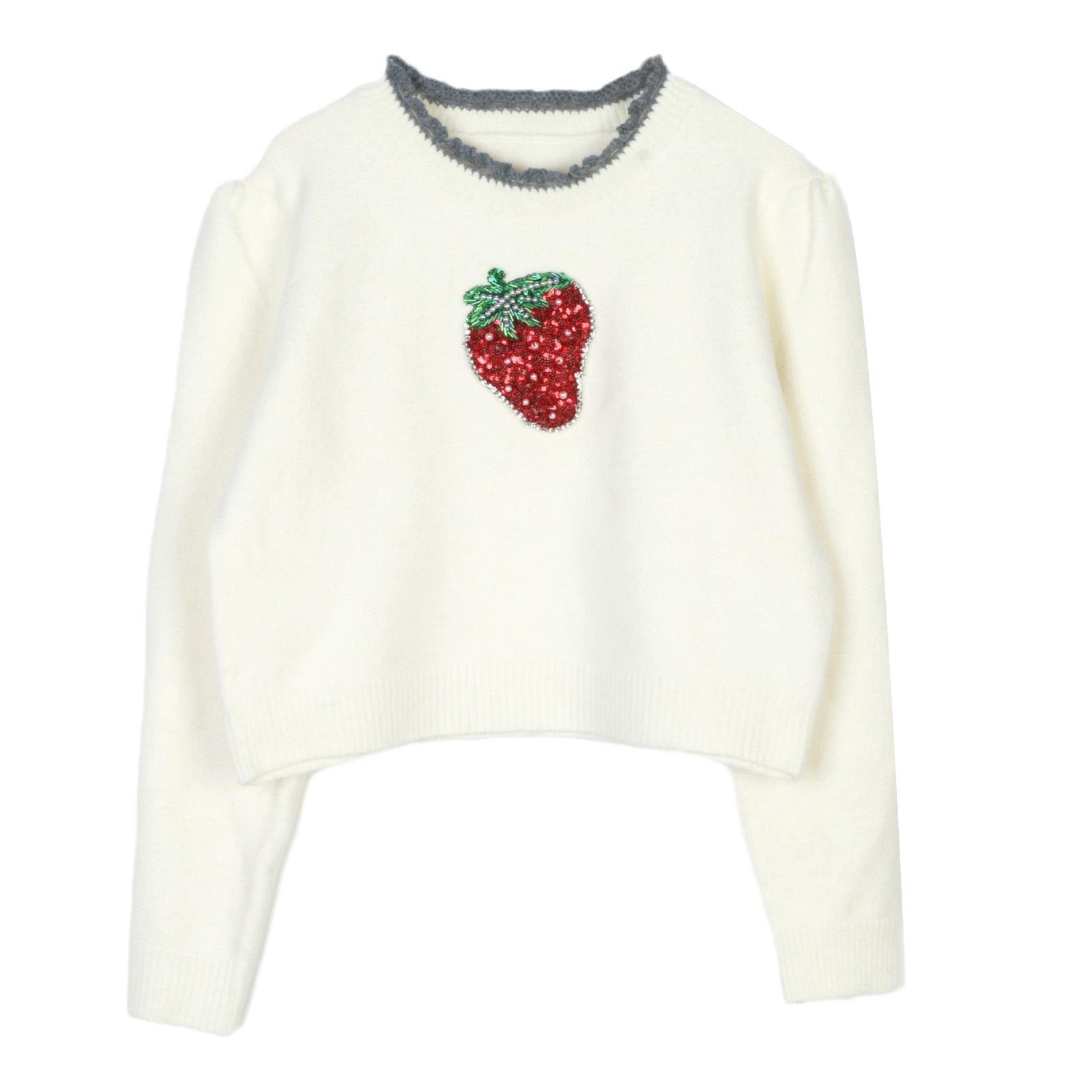 

Женский трикотажный свитер с пайетками и клубникой - Милый корейский стиль, Круглый вырез, Длинный рукав, Толстый пуловер для осенне-зимних поездок на работу. S