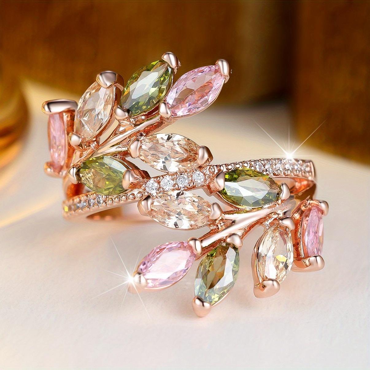 

Marquise-cut zircon leaf ring, multi-color available, rose gold bohemian style, ideal for wedding wear. Adjustable