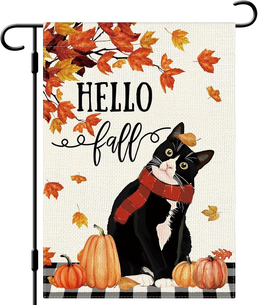 DLZDN Hello Fall Cat Garden ag Thanksgiving Garden ag Autumn Pumpkin Maple Leaves Yard ag 12x18 Inch Vertical Double S VVL