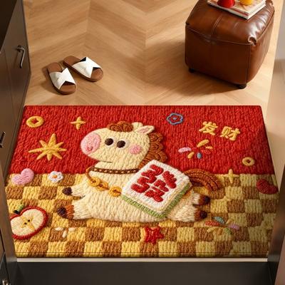 Weaving Texture Horse Floor Mat Blessing Words Cartoon 2026 New Year Anti Slip Mat Lucky Convenient Pony Door Mat