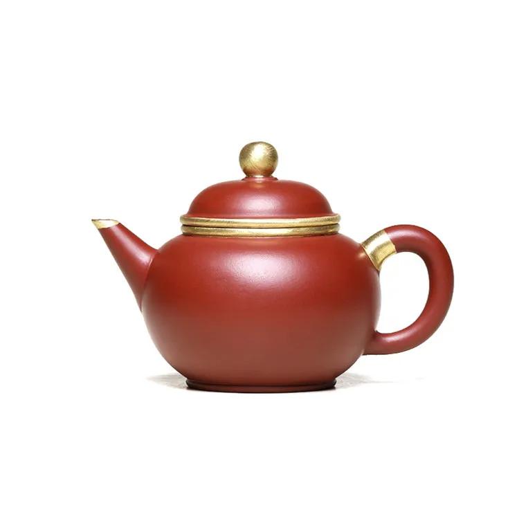 Chinese Handmade Gold Painted Purple Pottery Raw Ore Tea Pot, Household Dahongpao Tea Ceremony Tea Set Kung Fu