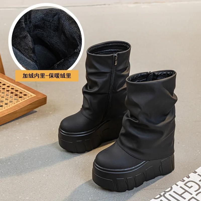 Fashion 14CM Microfiber Leather Autumn Boots Flats Plush Ankle Booties Women Platform Wedge Thick Sole Motorcycle Winter Shoes