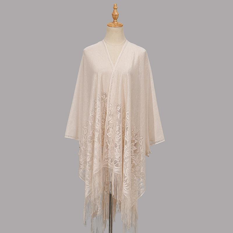 Autumn and Winter New Solid Color Lace Hollow Fringed Polyester Vest Long Elegant Women's Versatile Cheongsam Shawl