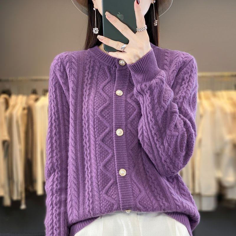 New Crew Neck Knitted Autumn and Winter Coat Casual Versatile Twist Loose Cardigan Sweater Women