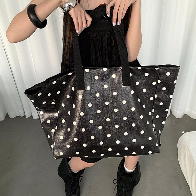 Vintage Polka Dot Tote Bag Women Large Capacity Shoulder Bag Casual Commuter Handbag Korean Pu Leather Versatile Underarm Bag