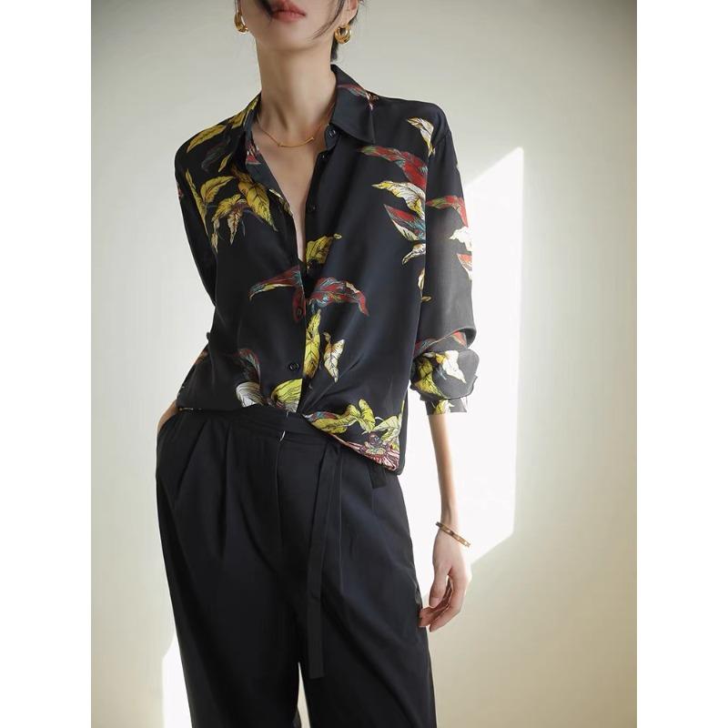 Retro Printed Silk Shirt Women's 2025 Spring and Summer Long-sleeved Loose High-end Mulberry Silk Shirt Temperament Bottoming Top
