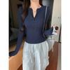 2025 New Spring and Autumn Long Sleeve Inner Women T-Shirt Tight Slim Fit Office Women's Bottom Shirt Basic solid color O Neck Skinny Button Top