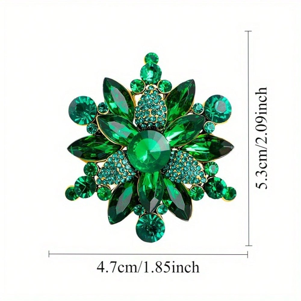 Gold-Tone Green Crystal Floral Brooch, Vintage-Inspired Design Adorned with Green Rhinestones, for Formal Events, Ideal Gifting