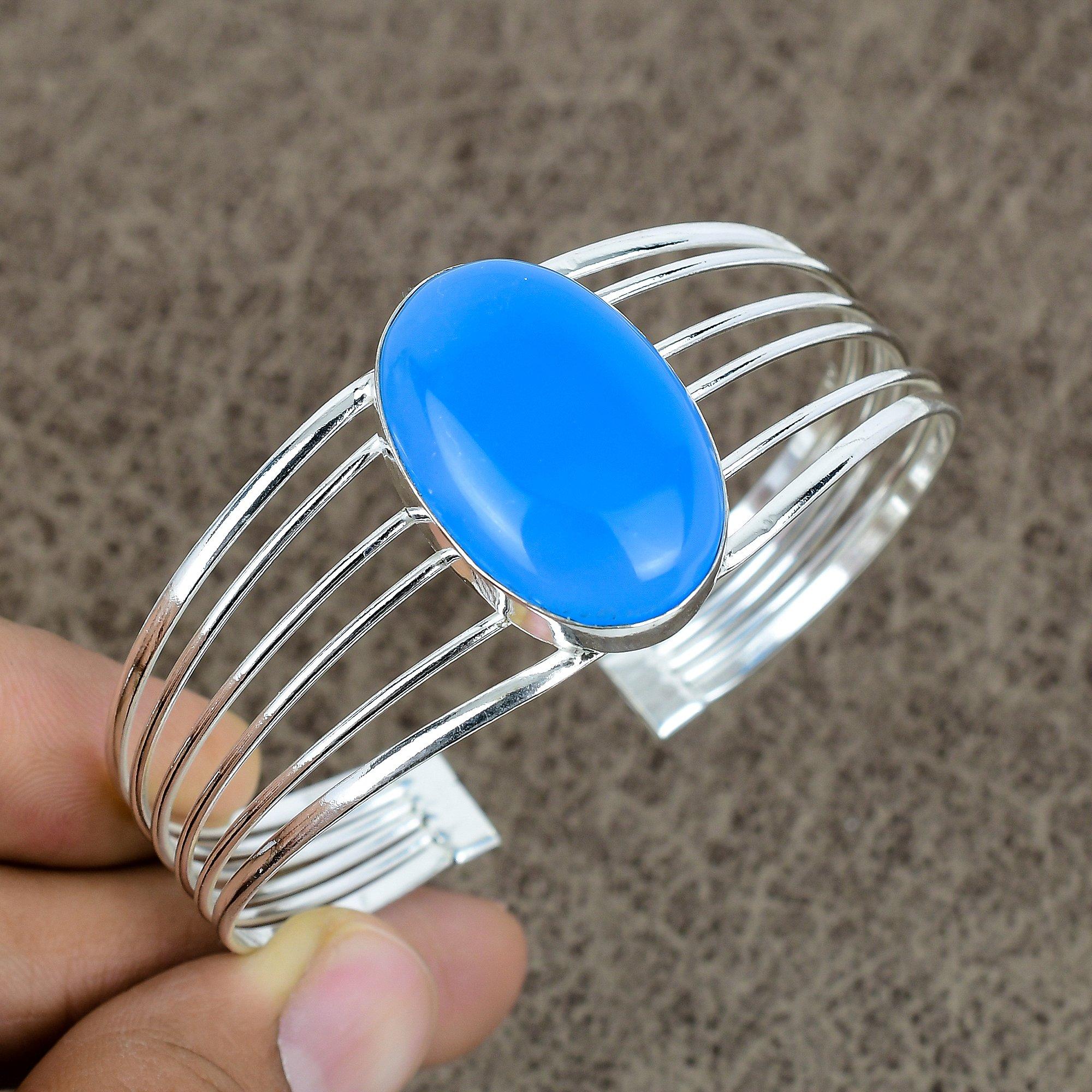 

Blue Chalcedony Gemstone 925 Sterling Silver Cuff Bangle Adjustable KKG-160