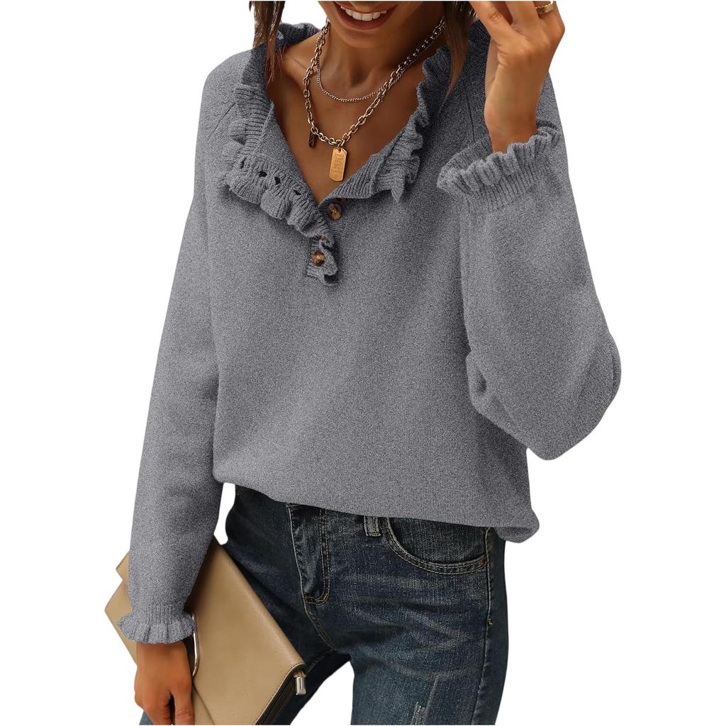 Damenmode Strick Casual Langarm Knopfleiste Rüschen Pullover