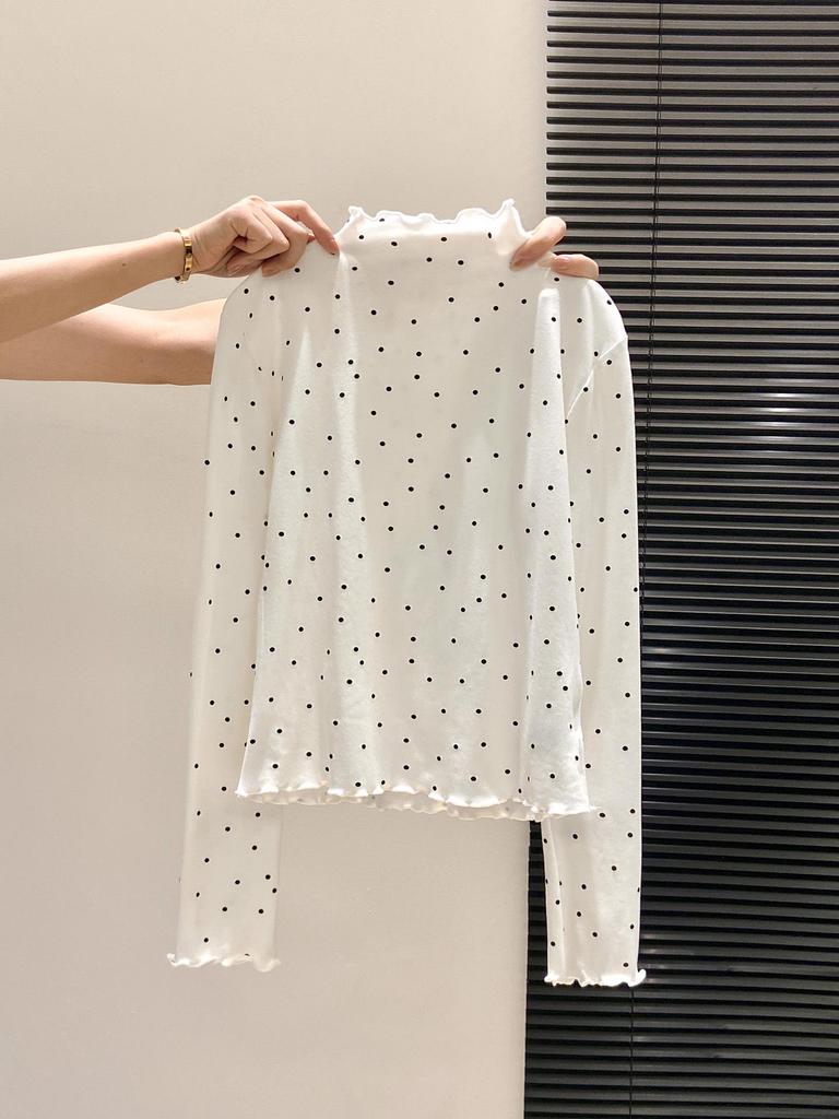 Damen-T-Shirt mit Polka-Dots und Rüschen: Warme Langarm-Basisschicht mit halbem Stehkragen für Herbst/Winter