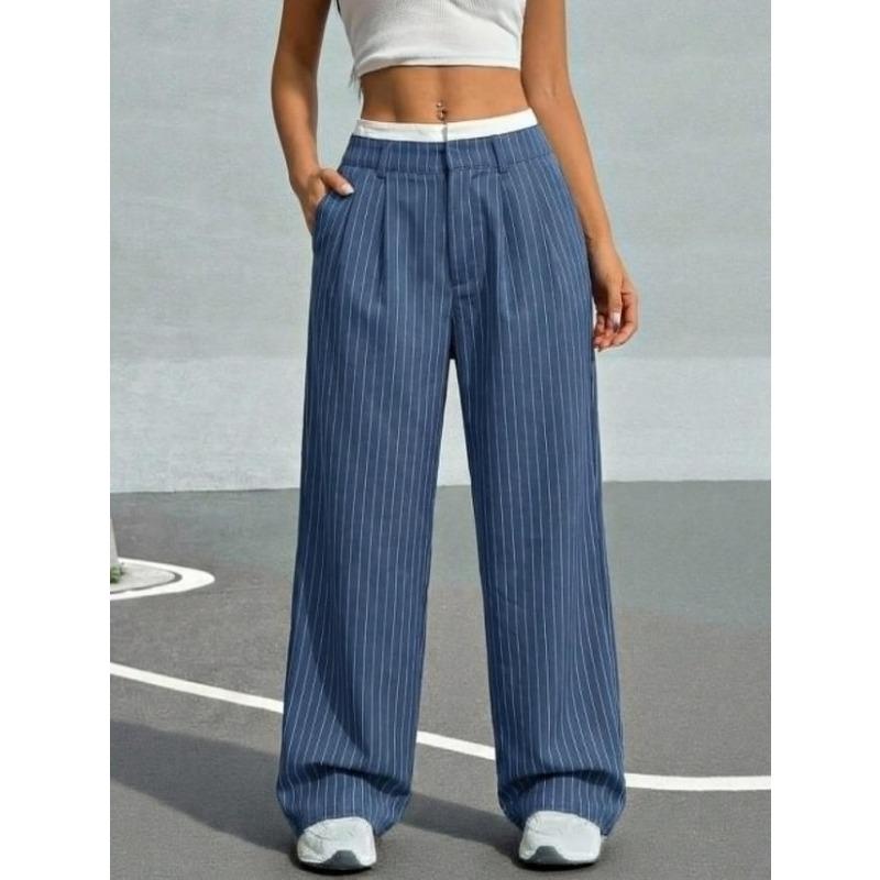 

2026 Vertical Striped Loose Womens Wide Leg Pants Casual Fashion High Waist Office Pinstripe Straight Leg Long Pants Business Trousers Basic Clothing XXL Темно-синій