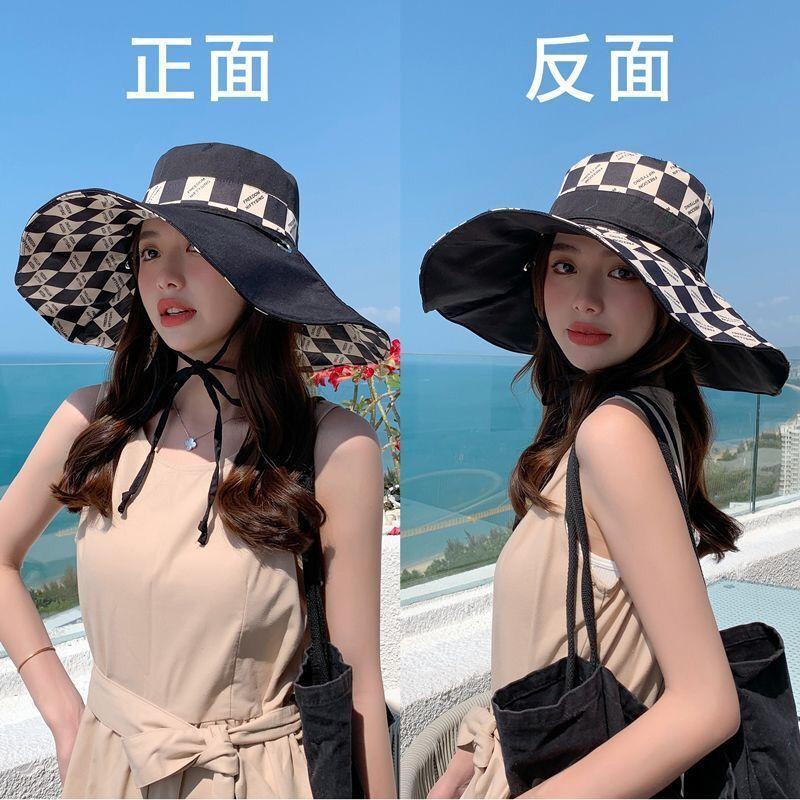 Double-sided plaid hat women's summer fashion versatile letter style large brim beach seaside vacation sun hat