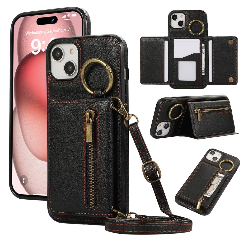 For iPhone 15 Leather Back Cover Zipper Wallet Kickstand Phone Case with Shoulder Strap
