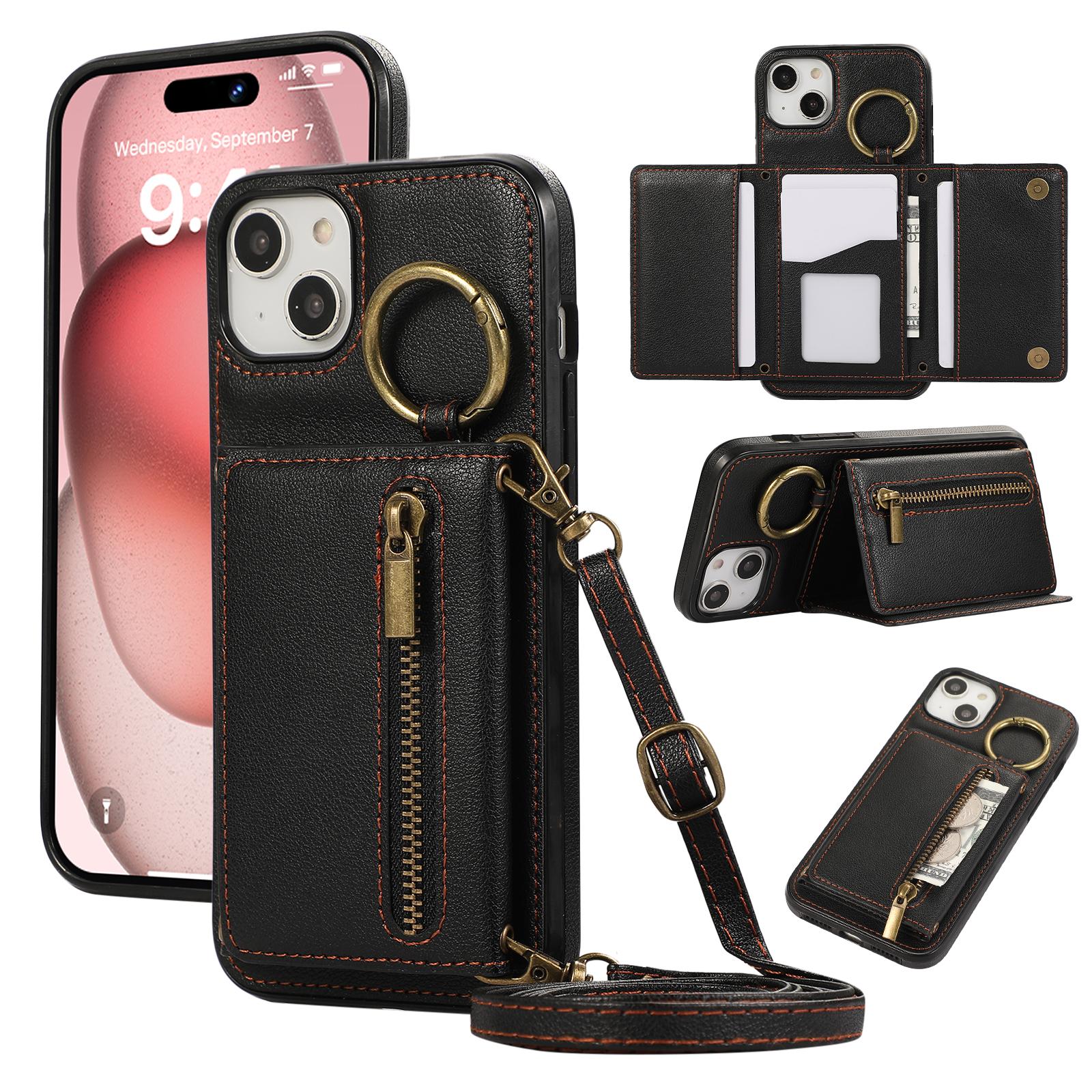 

For iPhone 15 Leather Back Cover Zipper Wallet Kickstand Phone Case with Shoulder Strap Black