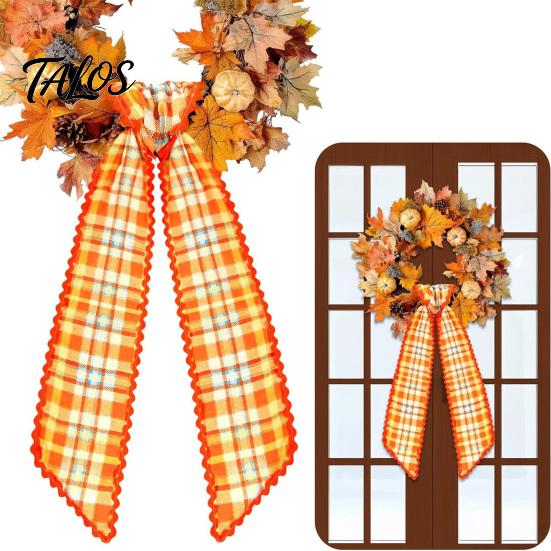 Decorative Door Bow Fall Scalloped Wreath Sash for Front Door, 55 Inch Plaid Gingham Autumn Ribbon Thanksgiving Harvest Yard Porch Doorway Indoor
