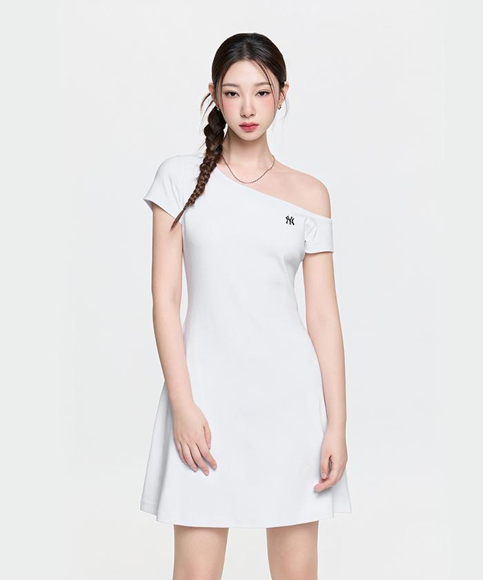 Emelbi Women'S Basic Off-Shoulder Shirred Ribbed Dress Ny (White)