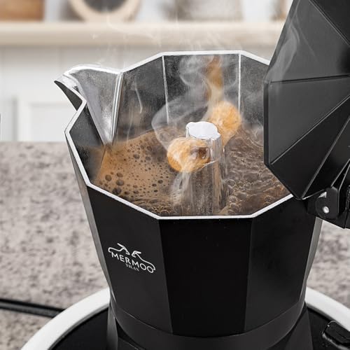MERMOO YILAN Stovetop Espresso Maker, 6 Cups, 300ml, Black, Aluminum, Moka Pot, Outdoor Coffee Maker, Espresso Machine