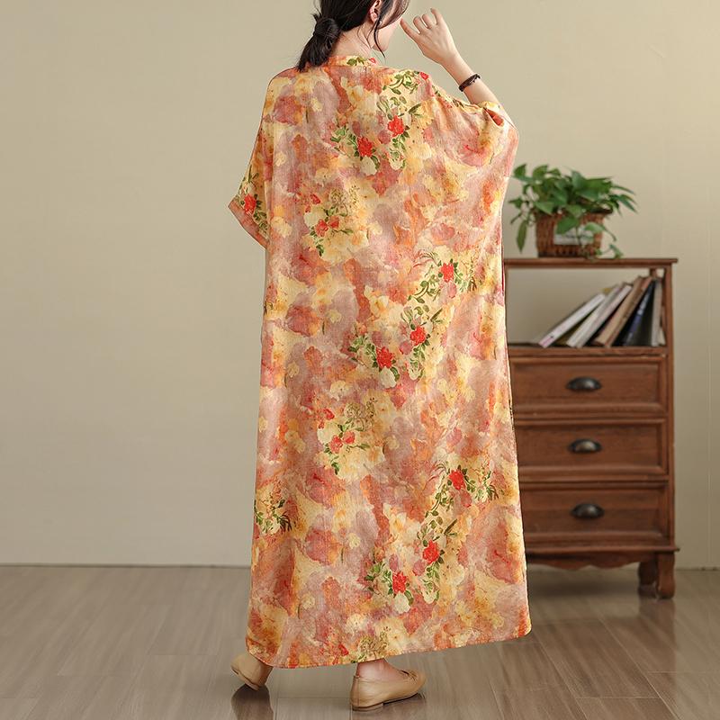 DIMANAF 2025 Plus Size Summer Women Printing Long Dress Short Sleeve Vintage Casual Linen V-Neck Basic Loose Dress