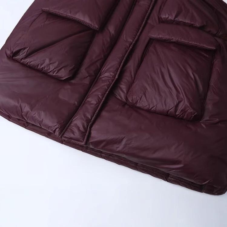 2024 Women's Wine Red Hooded Cotton Coat: European & American Style, Versatile & Fashionable Winter Wear