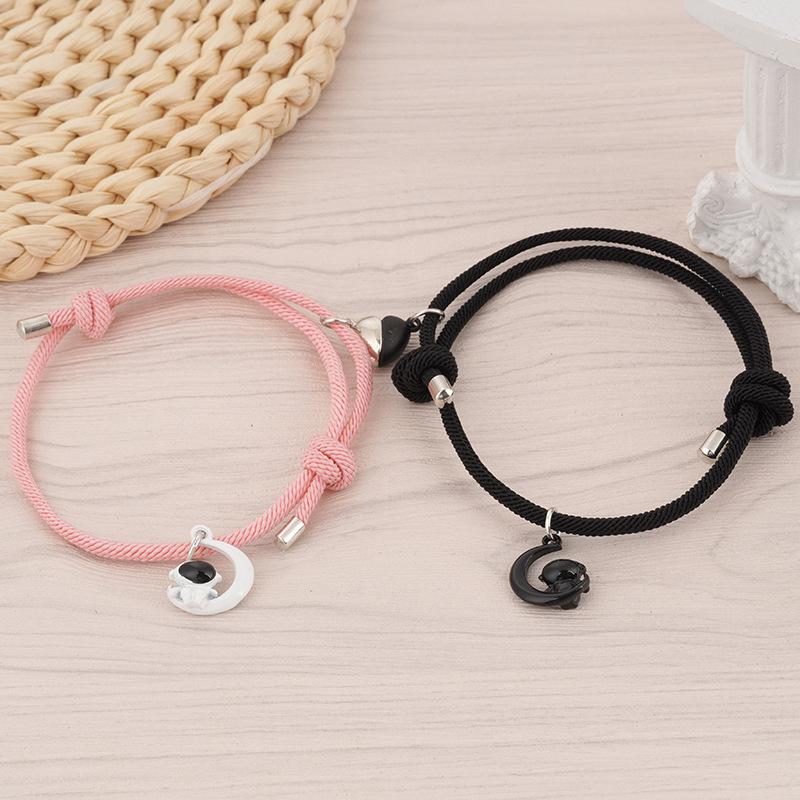 A Pair of Glowing Dog Paw Shaped Bracelets, Milan Rope, Astronaut Couple Bracelet, Men's and Women's Heart-shaped Magnetic Woven Hand Adjustable Rope