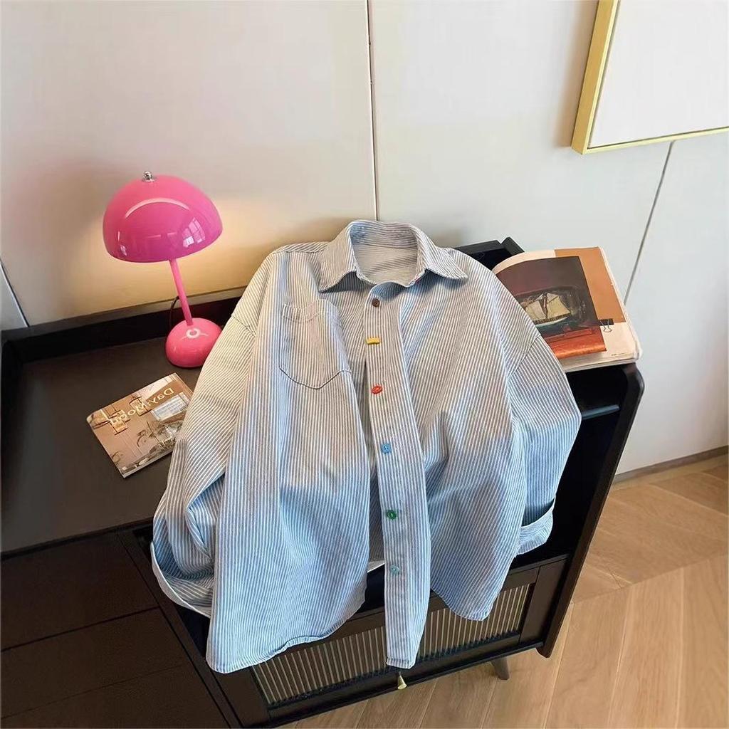 Retro Colorblock Denim Gestreiftes Oversized Polokragenhemd - Langarm, Bunte Knöpfe