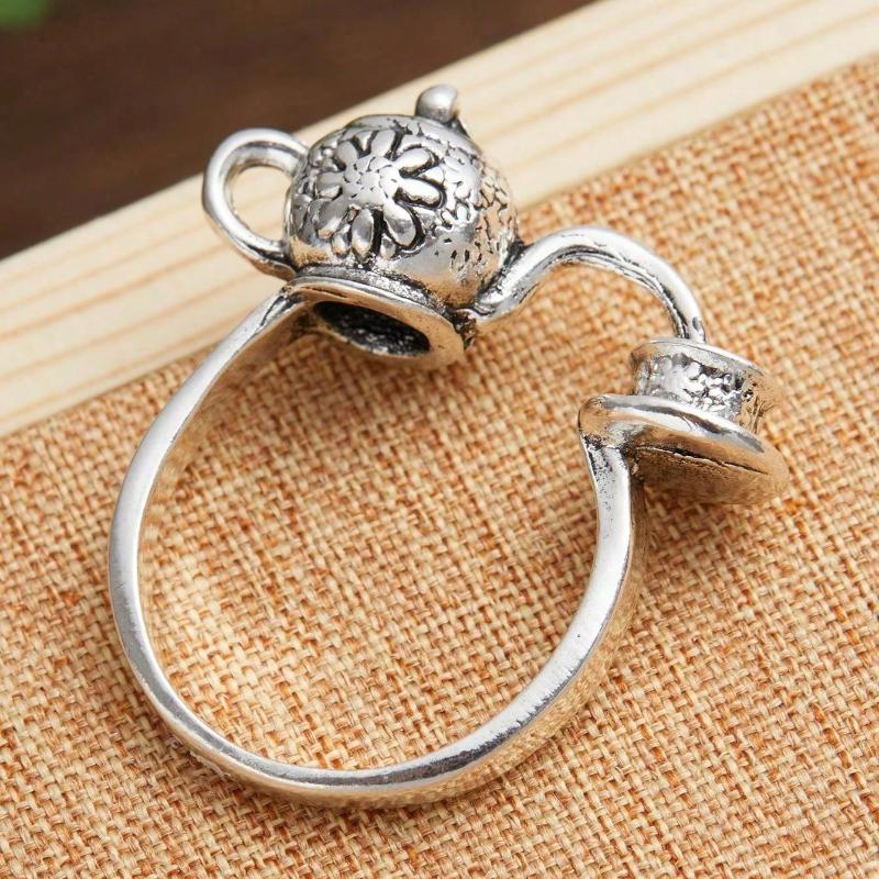1PC Vintage Temperament Floral Pattern Pouring Teapot Geometric Adjustable Opening Ring For Men Fashion Jewelry Accessories