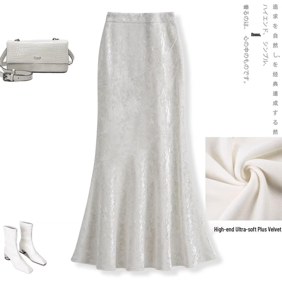 Luxury High-Waisted Velvet Fishtail Skirt - Winter Warmth with Chinese Style & A-Line Design XS